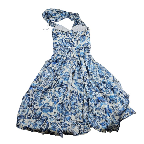 Auth RALPH LAUREN PURPLE LABEL Runway Silk Halter Dress Blue Floral Porcelain 8 - Picture 8 of 16